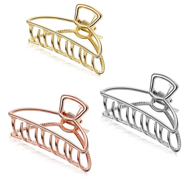 Emoly 3 Pack Large Metal Claw Clips Hollow Non-slip Hair Catch Jaw Clamp for Women Girls Hair Barrette for Fixing Hair (Silver&Gold&Rose Gold) - Image 1